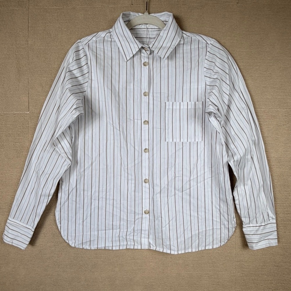 Mus & Bombon Women White Brown Striped Cotton Button Down Shirt Small NWT Spain